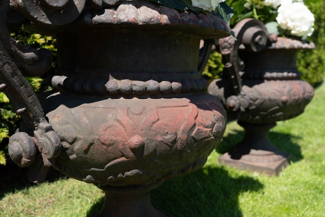 A Pair Of Antique Cast Iron French Garden Urns photo vintage