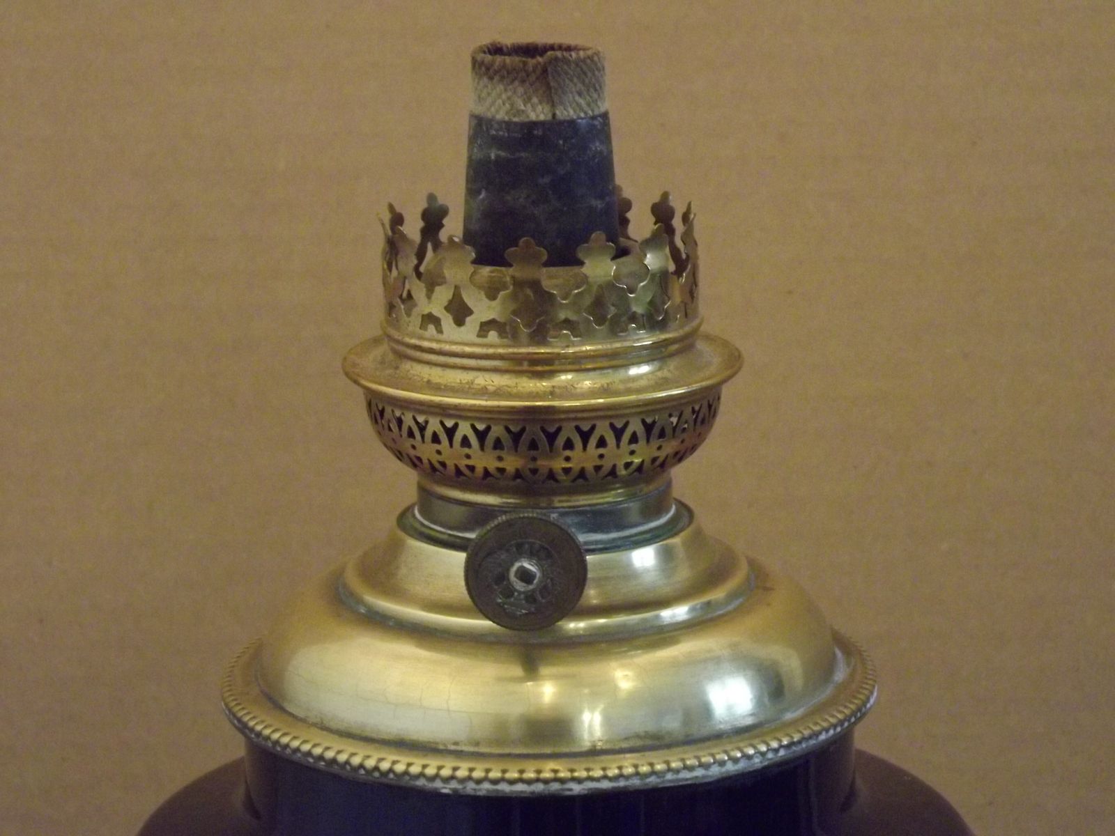 photo furniture Antique French Kerosene Lamp Base W+W Kosmos Burner Cobalt Blue Ceramic & Brass Ornate Leaf Footed Oil Lamp