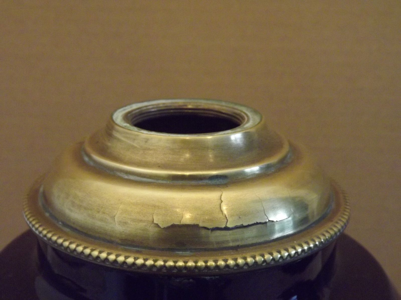 photo buy Antique French Kerosene Lamp Base W+W Kosmos Burner Cobalt Blue Ceramic & Brass Ornate Leaf Footed Oil Lamp