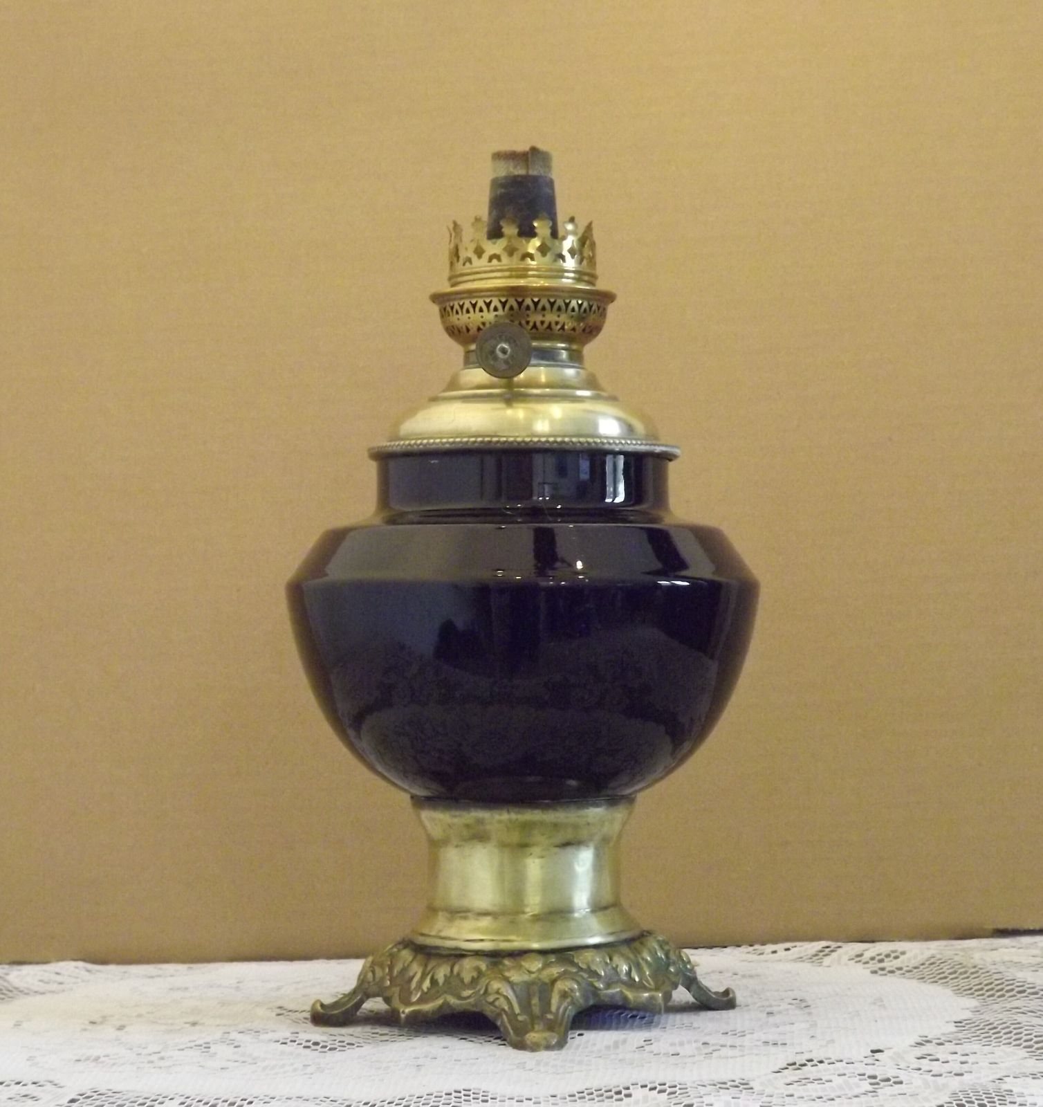 Antique French Kerosene Lamp Base W+W Kosmos Burner Cobalt Blue Ceramic & Brass Ornate Leaf Footed Oil Lamp photo furniture