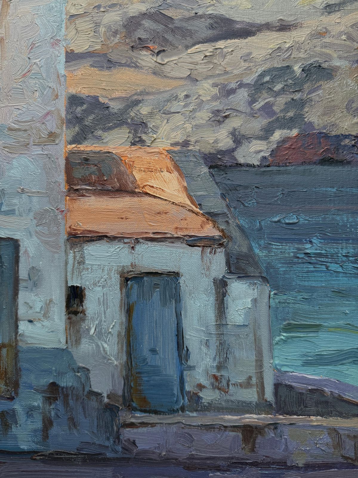 Kiku Poch Mediterranean Lighthouse Oil On Canvas Painting Art Seascape C.2000 photo vinterior