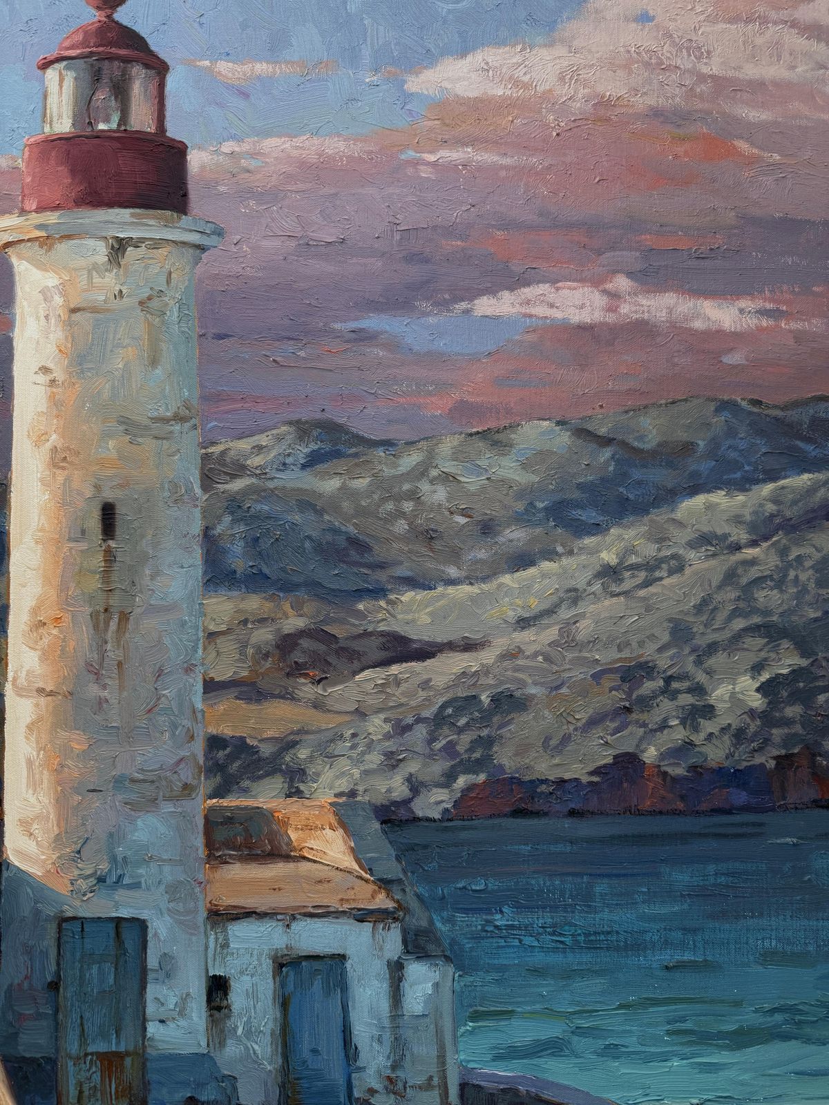 Kiku Poch Mediterranean Lighthouse Oil On Canvas Painting Art Seascape C.2000 photo buy