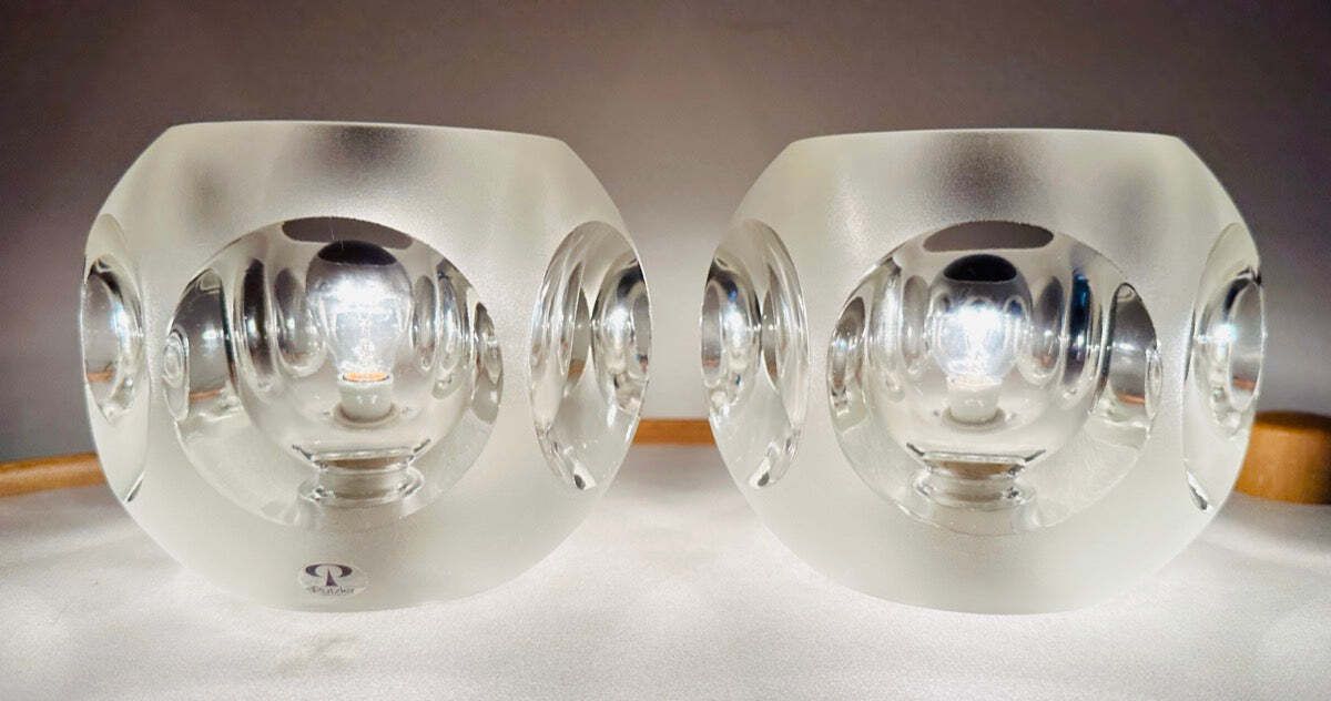 Pair Of 1970s German Peill & Putzler Frosted & Clear Concave Glass Round Table Lamps photo for sale