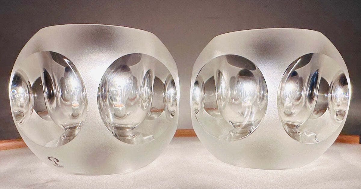 Pair Of 1970s German Peill & Putzler Frosted & Clear Concave Glass Round Table Lamps photo buy