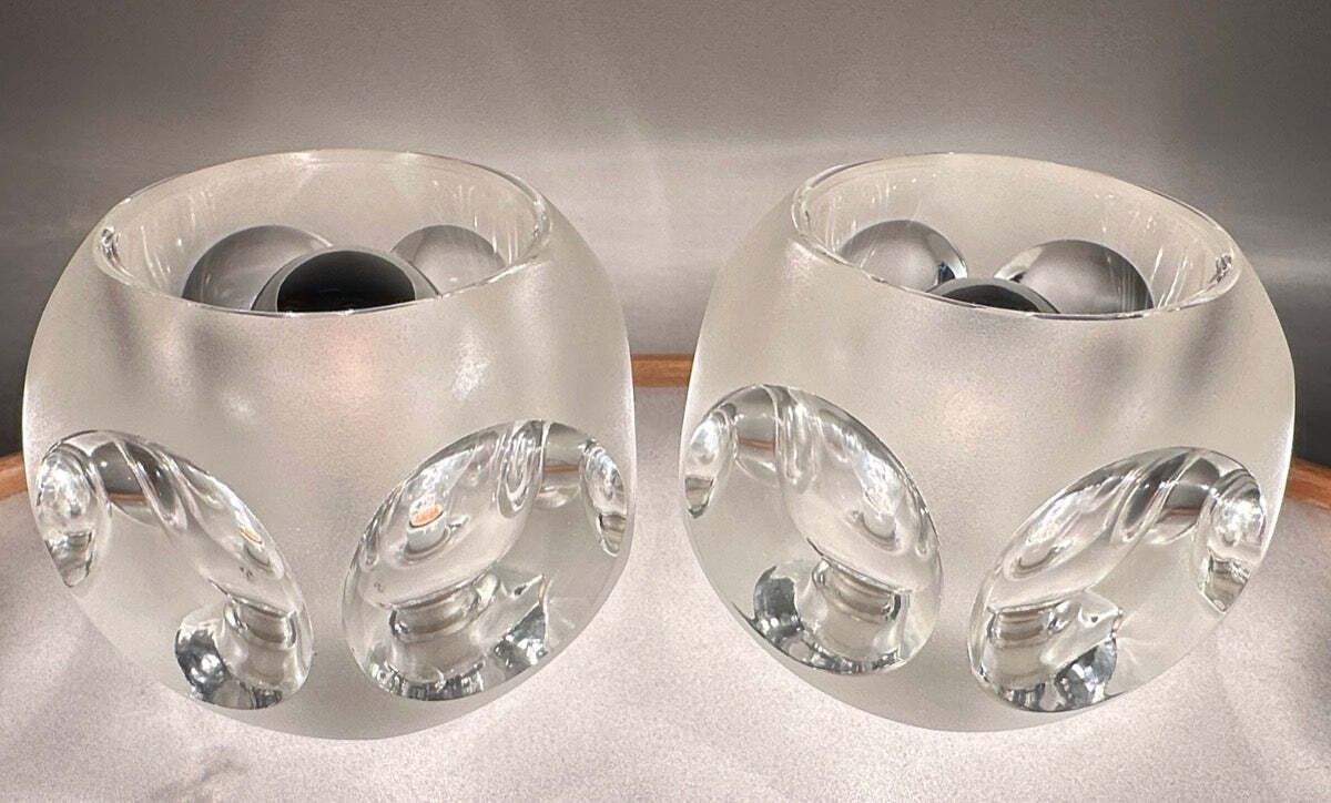 Pair Of 1970s German Peill & Putzler Frosted & Clear Concave Glass Round Table Lamps photo vintage