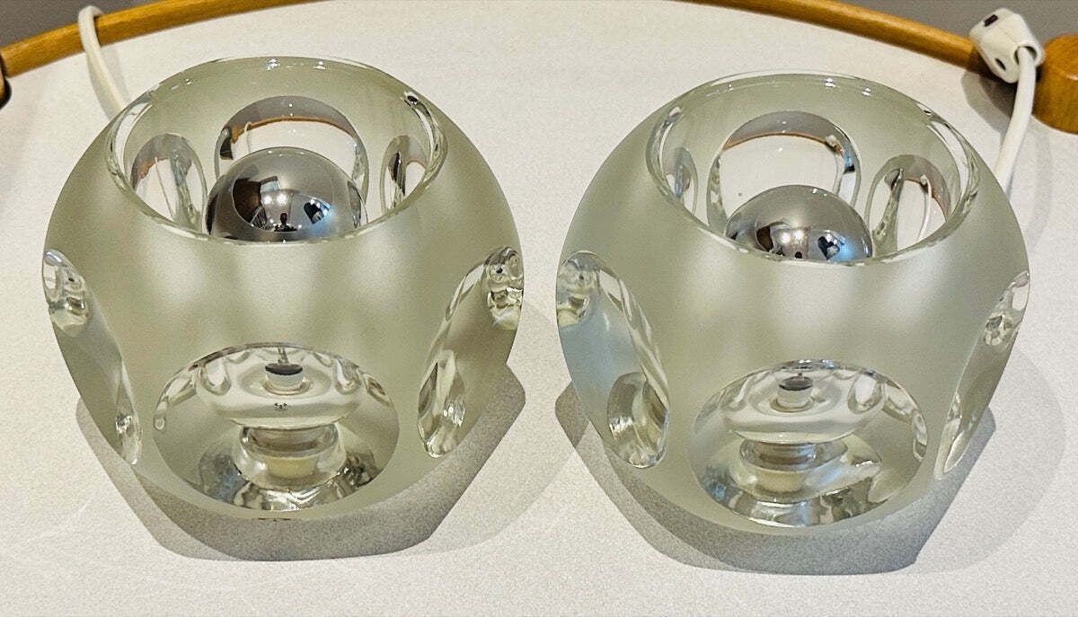 photo buy Pair Of 1970s German Peill & Putzler Frosted & Clear Concave Glass Round Table Lamps