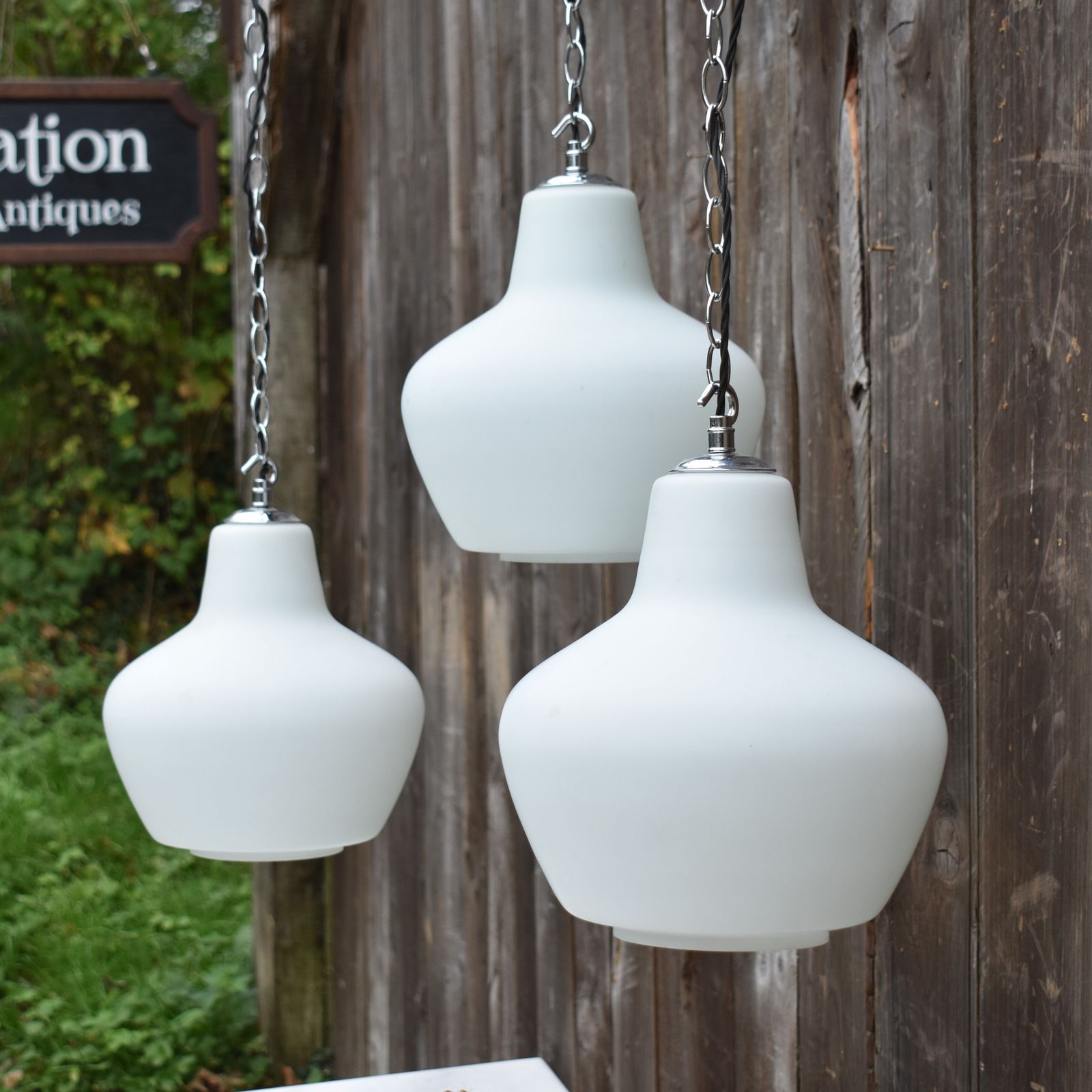 Antique Early 20th Century Three Opaline Glass Chapel Church Pendant Light photo furniture