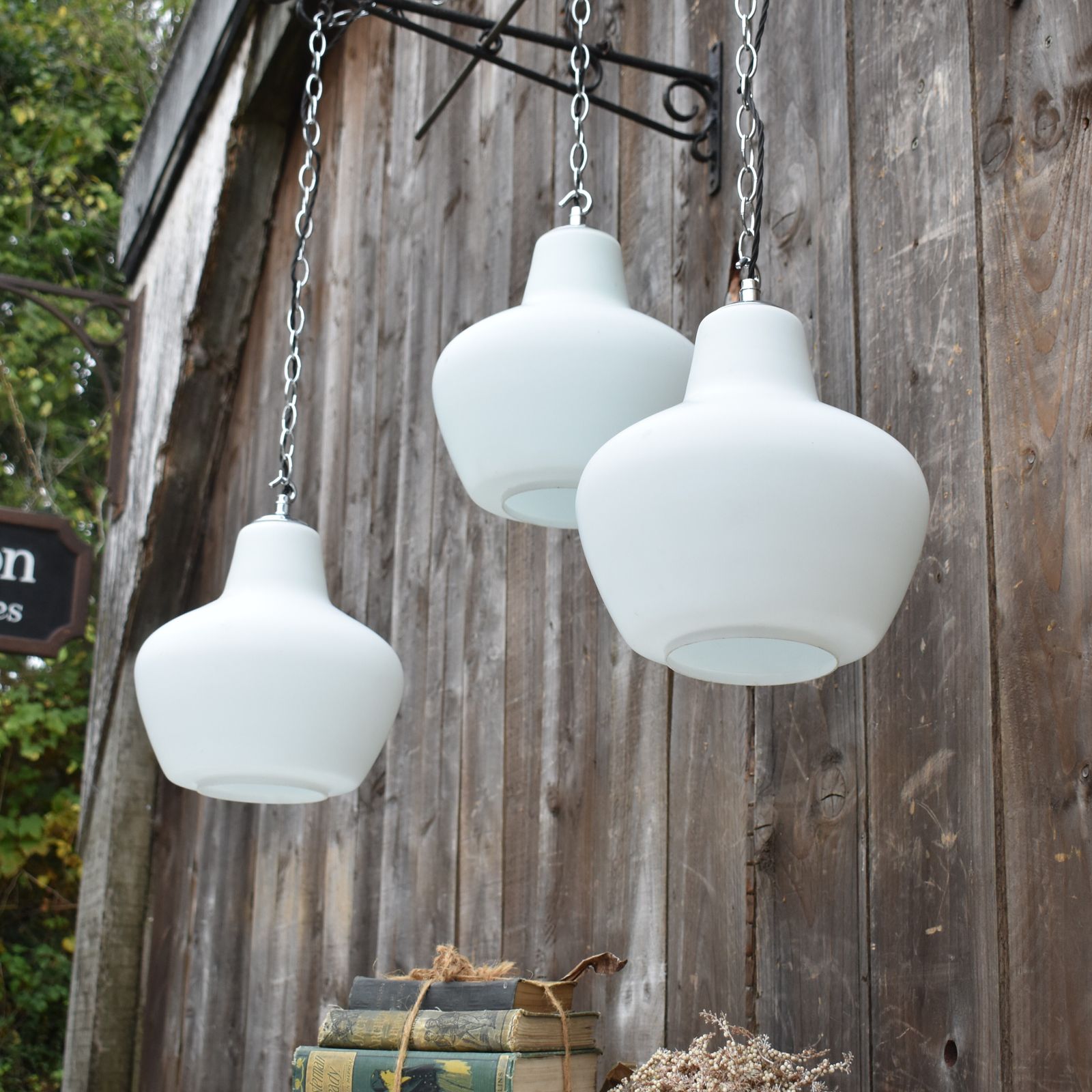 Antique Early 20th Century Three Opaline Glass Chapel Church Pendant Light photo for sale