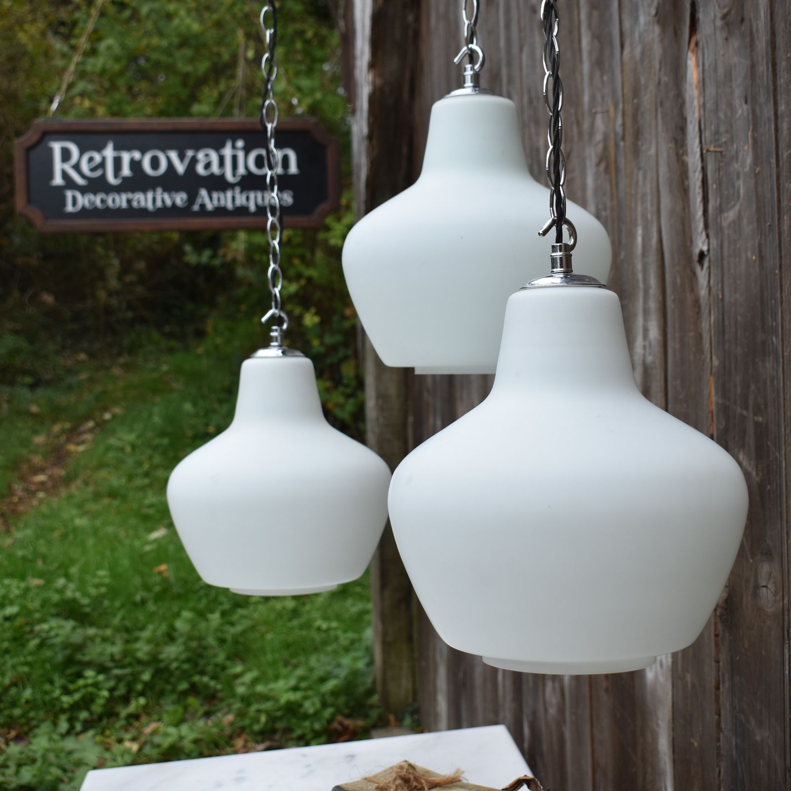 Antique Early 20th Century Three Opaline Glass Chapel Church Pendant Light photo 695.0