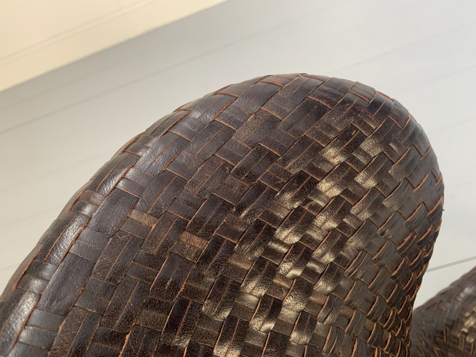 Furniture Rare Woven Leather Armchair & Footstool – In Brown Leather photo
