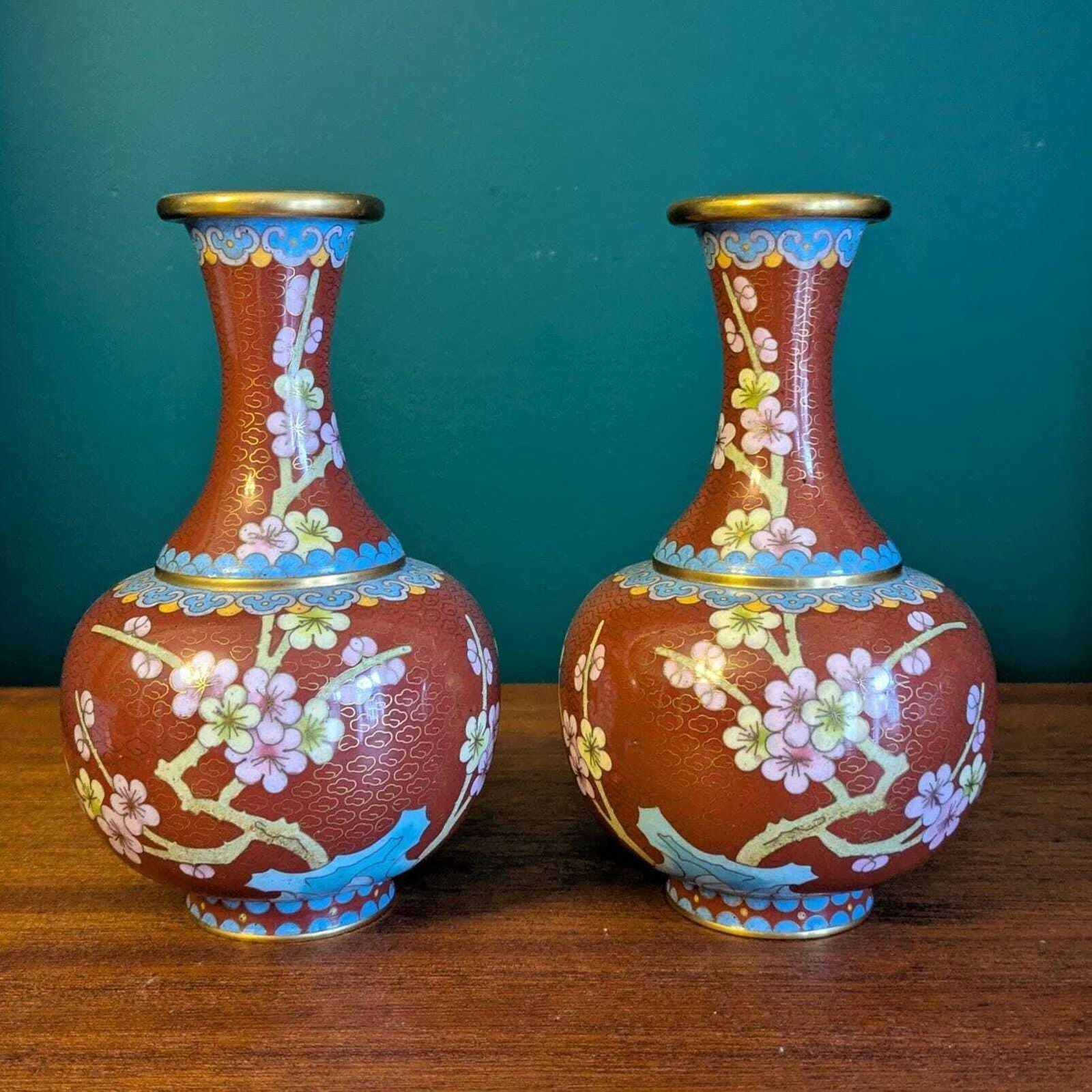 Pair Of Vintage Chinese Cloisonné Vases With Brass Edging – Red And Blue Enamel Floral And Bird Design photo furniture
