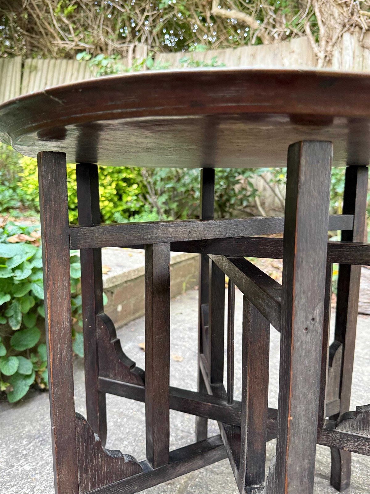 Antique 1920s Folding Brass Tray Table | Hand Etched Middle Eastern Table, Carved Hardwood Base, Moorish Style, Plant Stand, Plant Table photo 245.0