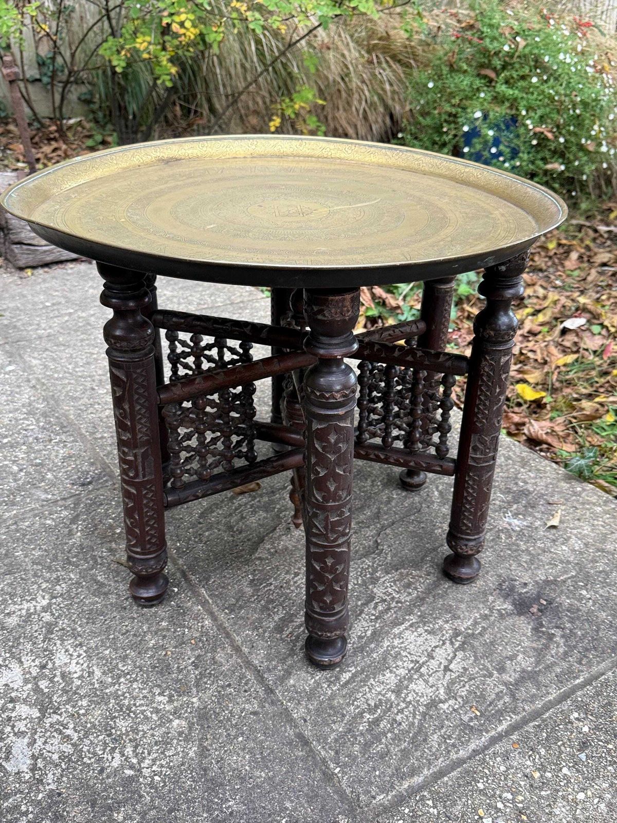 Antique Anglo Indian Brass Tray Table, Benares Table, Hand Carved Moorish Base, Folding Hardwood Stand, Etched Brass photo buy