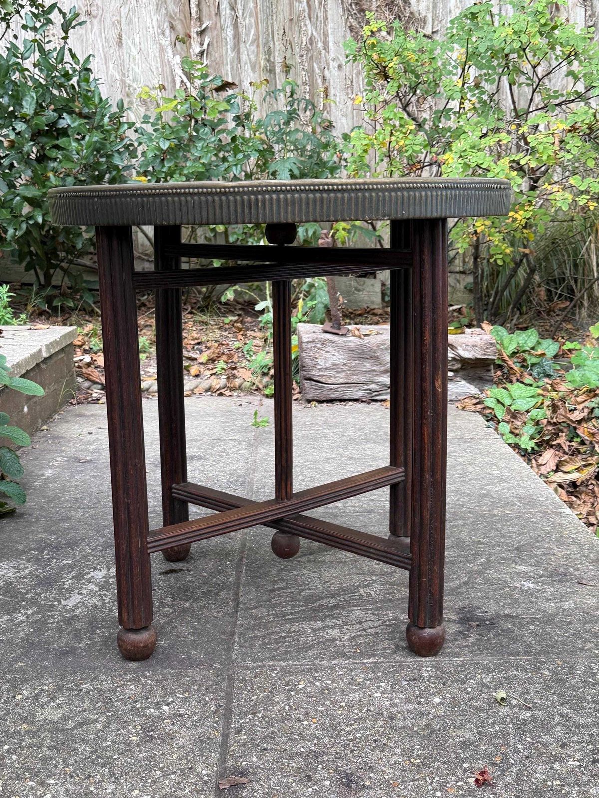 Antique 1920s Anglo Indian Brass Tray Table | Carved Hardwood Base, Folding Stand, Hand Etched Moroccan Style, Benares 1900s Folding Table photo Furniture