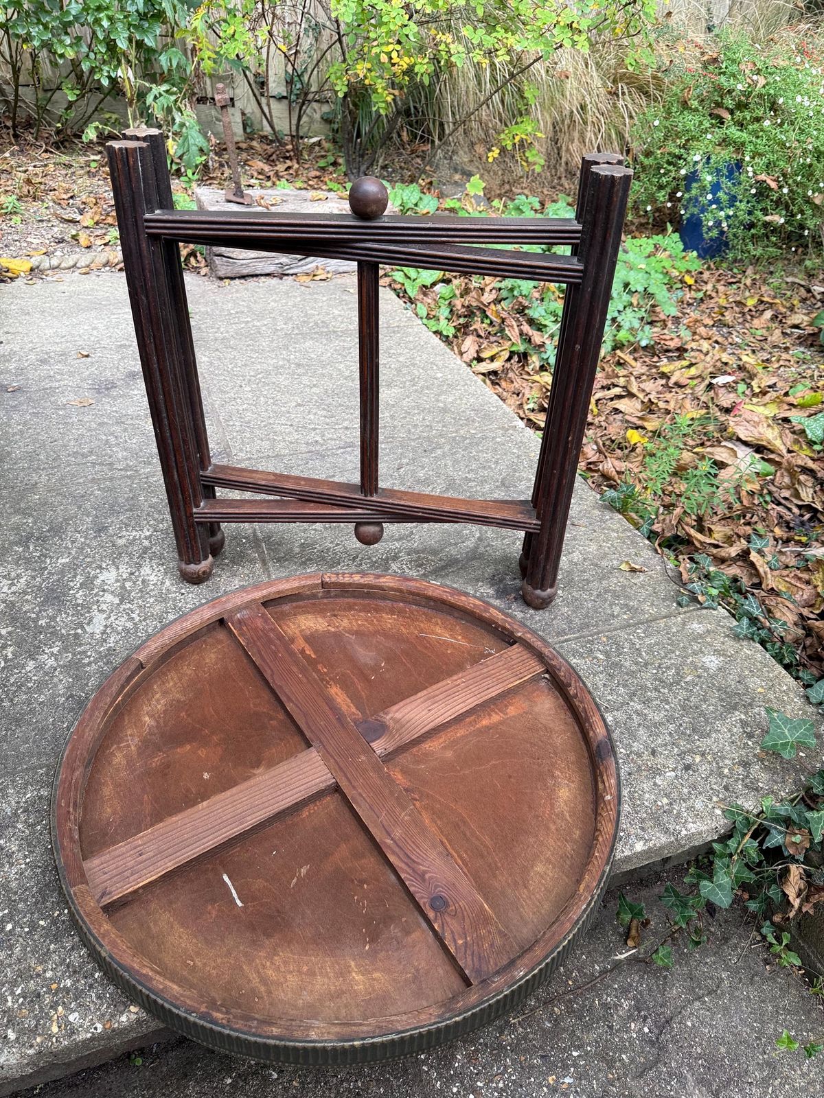 photo for sale Antique 1920s Anglo Indian Brass Tray Table | Carved Hardwood Base, Folding Stand, Hand Etched Moroccan Style, Benares 1900s Folding Table