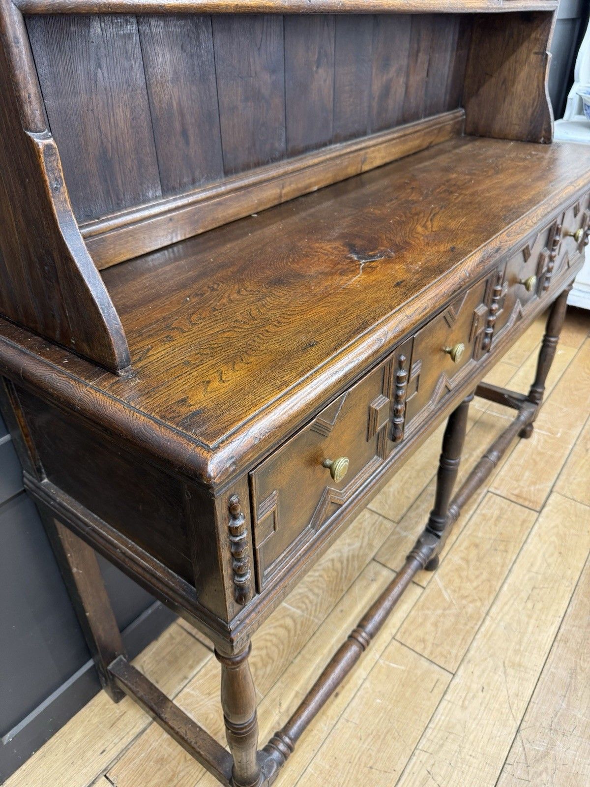 photo buy Antique Oak Welsh Dresser – Solid English Oak Farmhouse Sideboard Display Rack