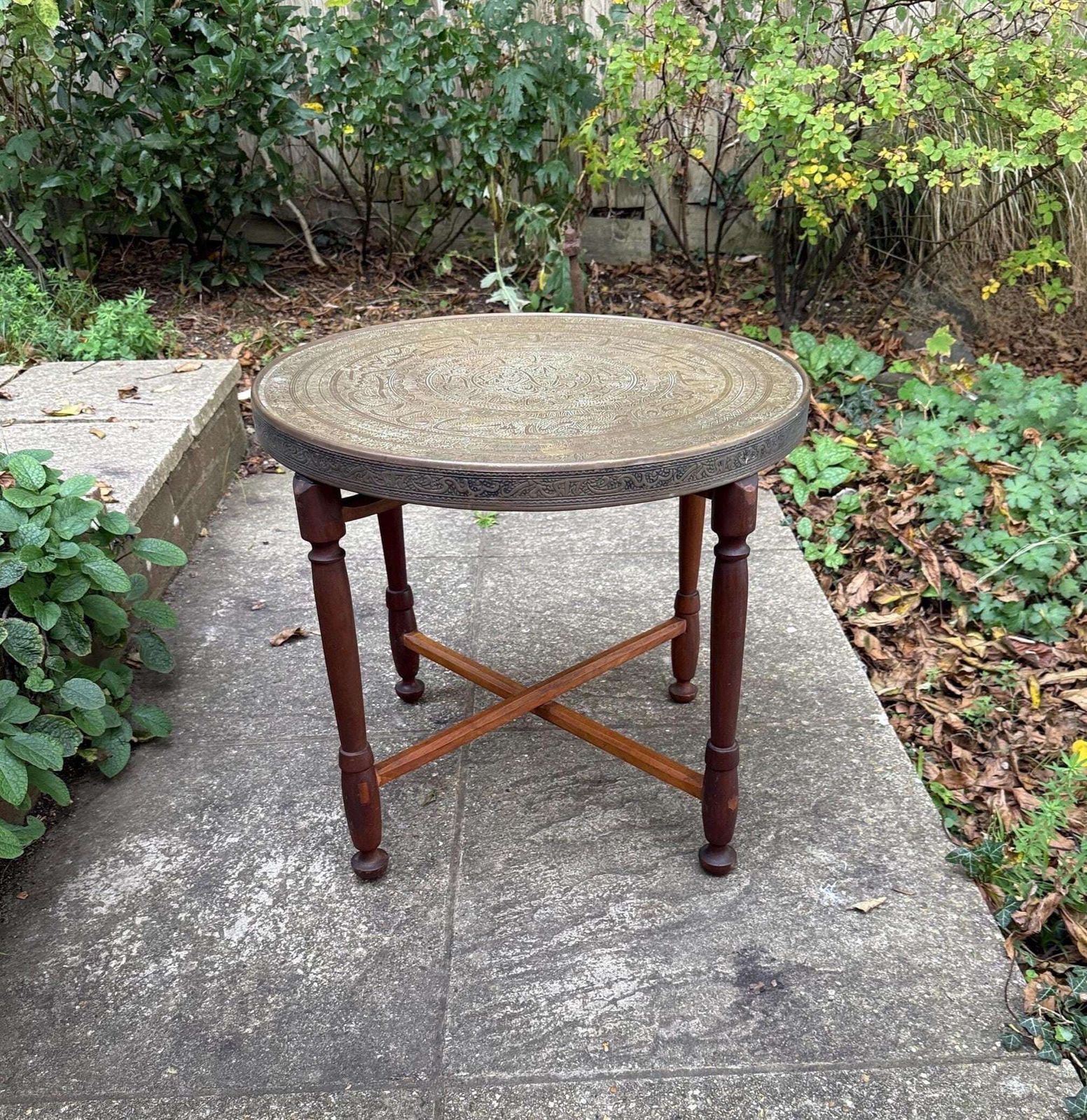 Antique Early/Mid 1900s Anglo Indian Brass Tray Table, Benares Table, Hand Etched Brass Tabletop, Turned Wooden Base, Folding Cross Leg