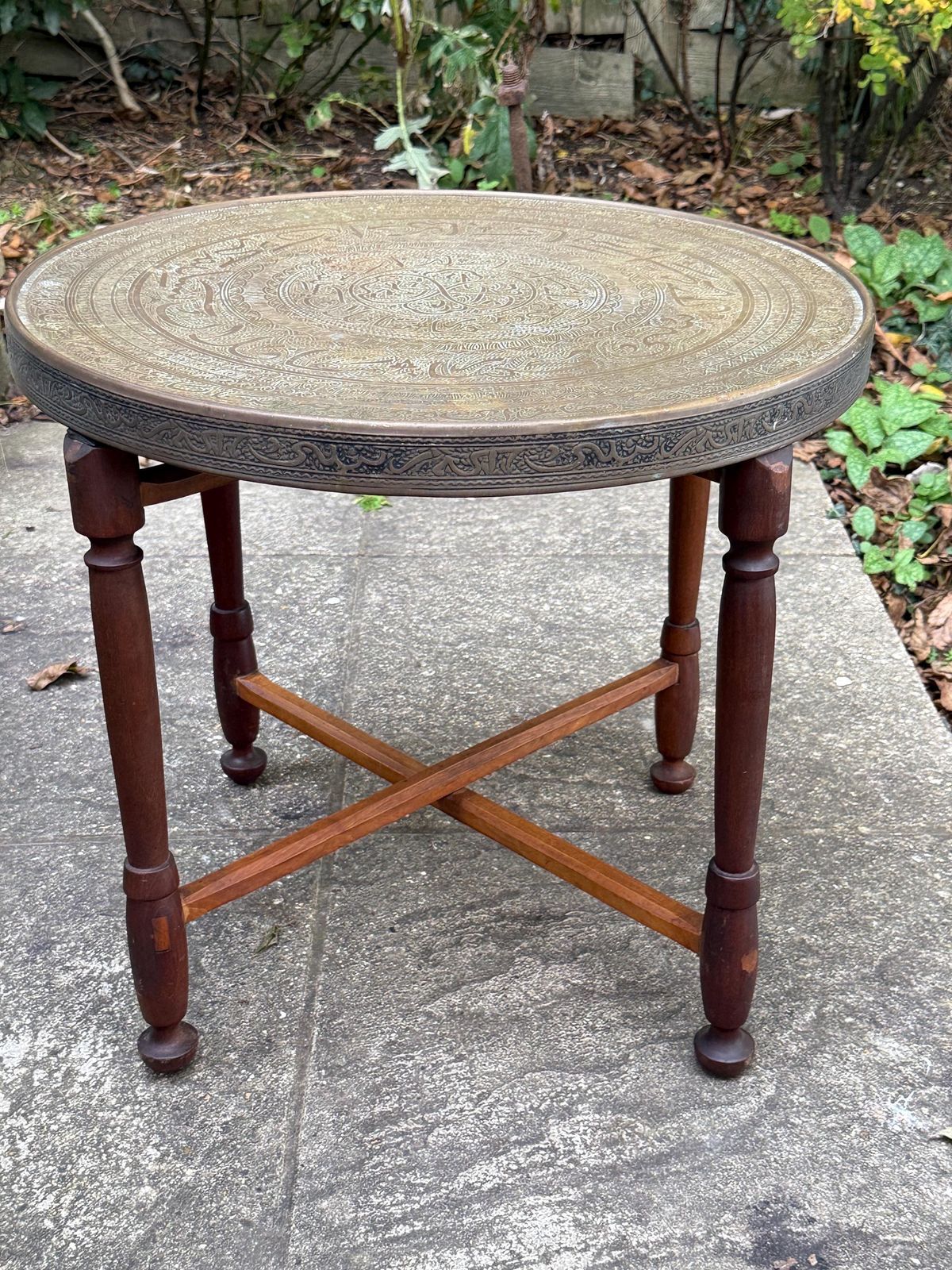 Antique Early/Mid 1900s Anglo Indian Brass Tray Table, Benares Table, Hand Etched Brass Tabletop, Turned Wooden Base, Folding Cross Leg photo furniture