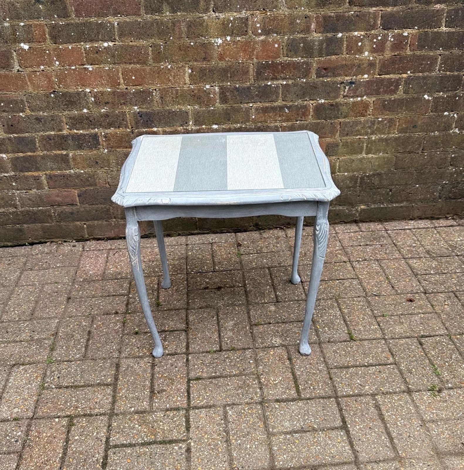 Upcycled Vintage Side Table In Shabby Chic Grey Finish, Glass Top And Changeable Insert Paper; Refurbished Side Table, Vintage Coffee Table
