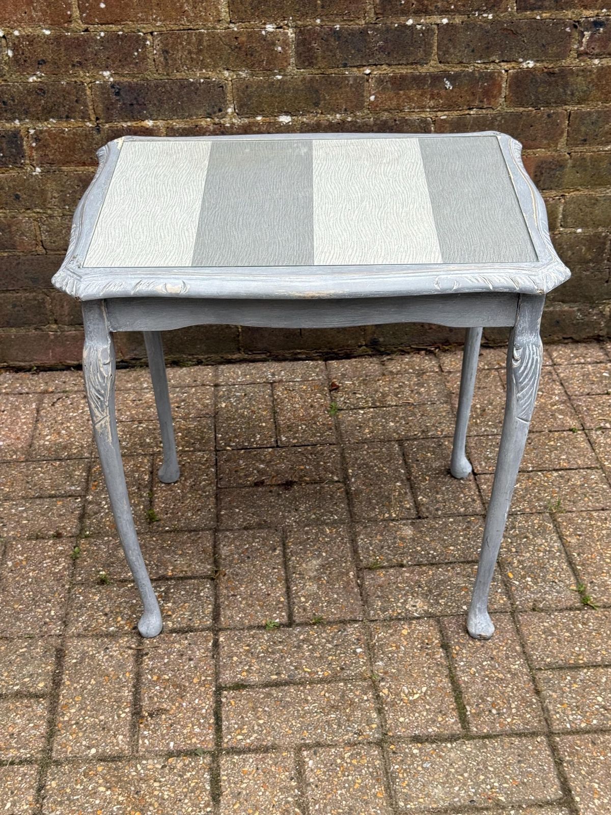 Upcycled Vintage Side Table In Shabby Chic Grey Finish, Glass Top And Changeable Insert Paper; Refurbished Side Table, Vintage Coffee Table photo furniture