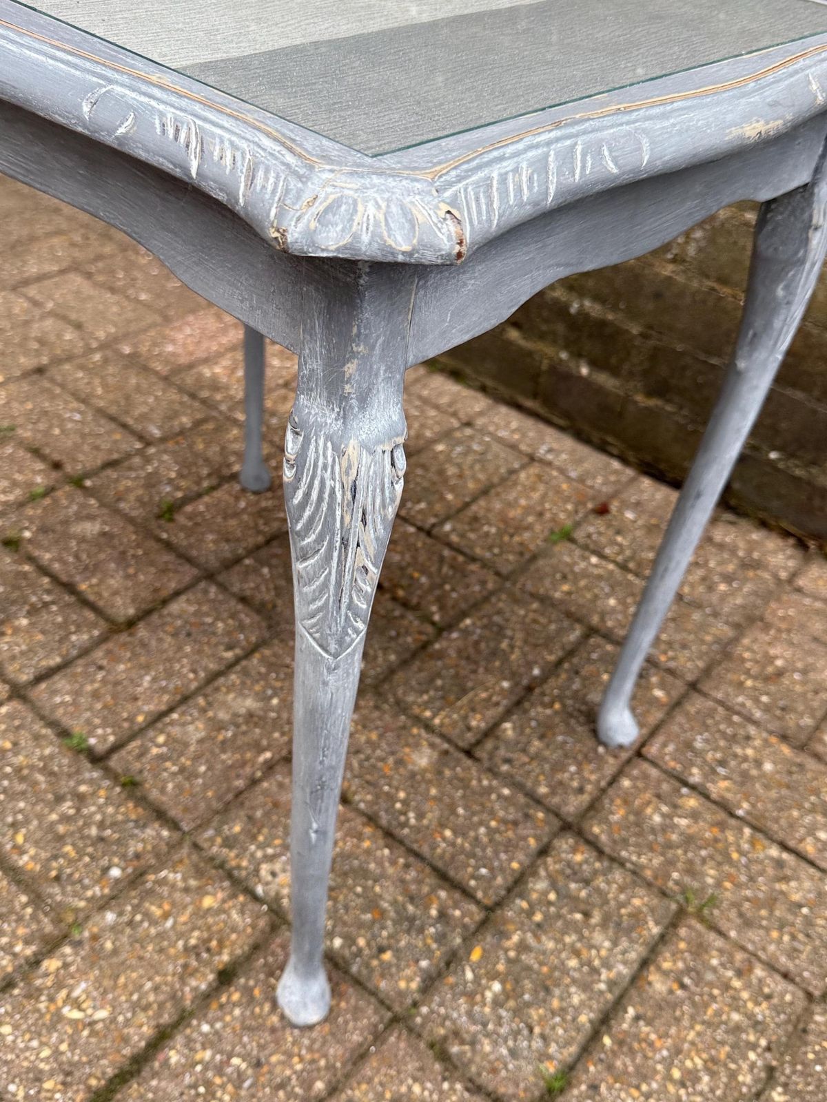 Upcycled Vintage Side Table In Shabby Chic Grey Finish, Glass Top And Changeable Insert Paper; Refurbished Side Table, Vintage Coffee Table photo vinterior