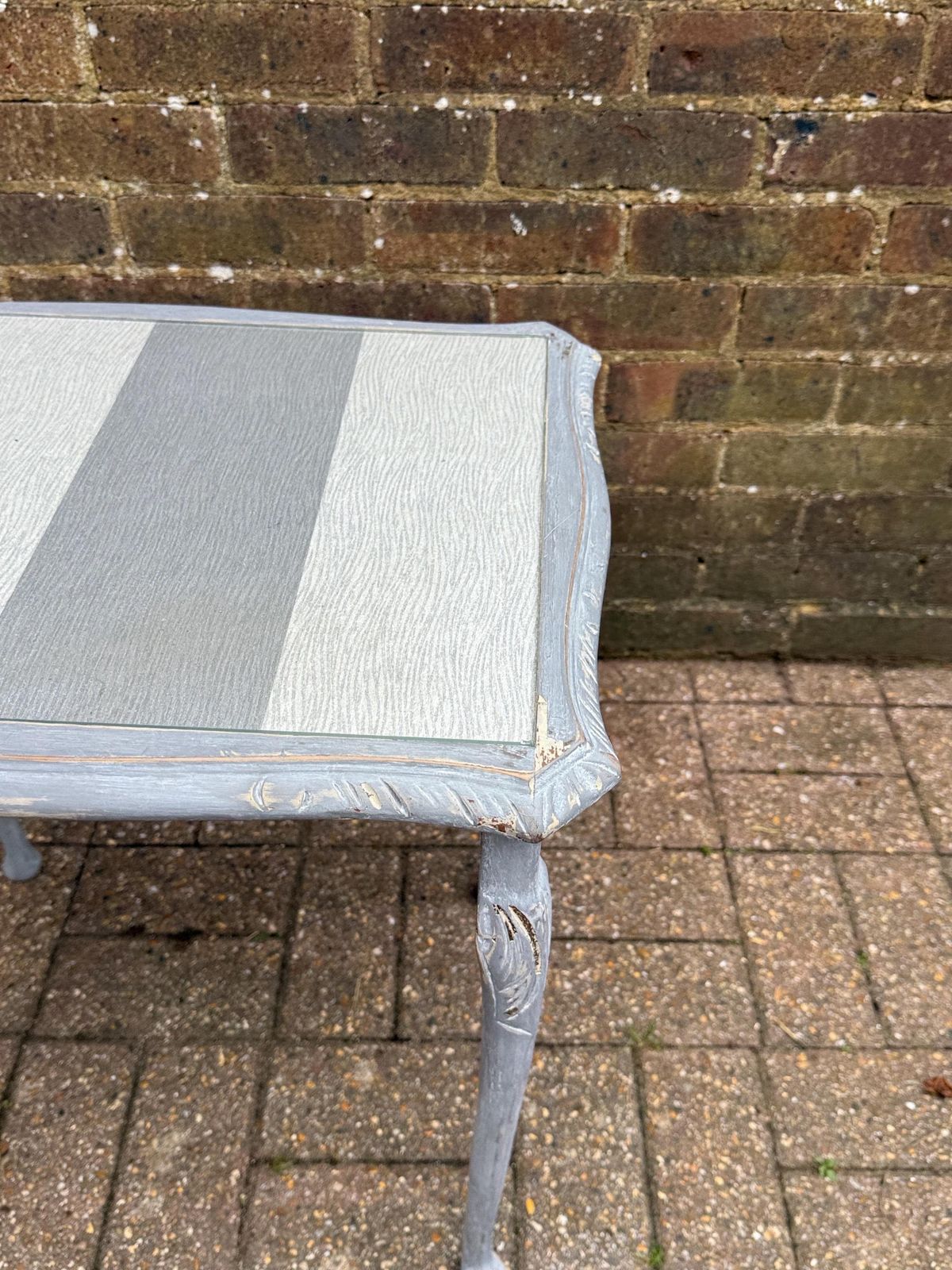 photo for sale Upcycled Vintage Side Table In Shabby Chic Grey Finish, Glass Top And Changeable Insert Paper; Refurbished Side Table, Vintage Coffee Table