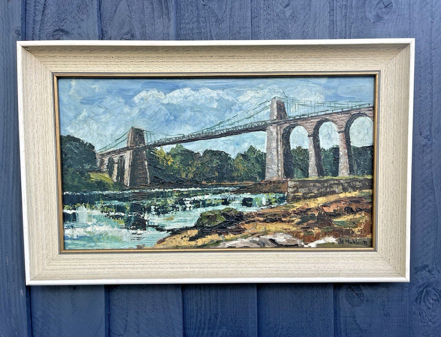 Superb Jill Mickle Framed Oil Painting Menai Straits Suspension Bridge Anglesey