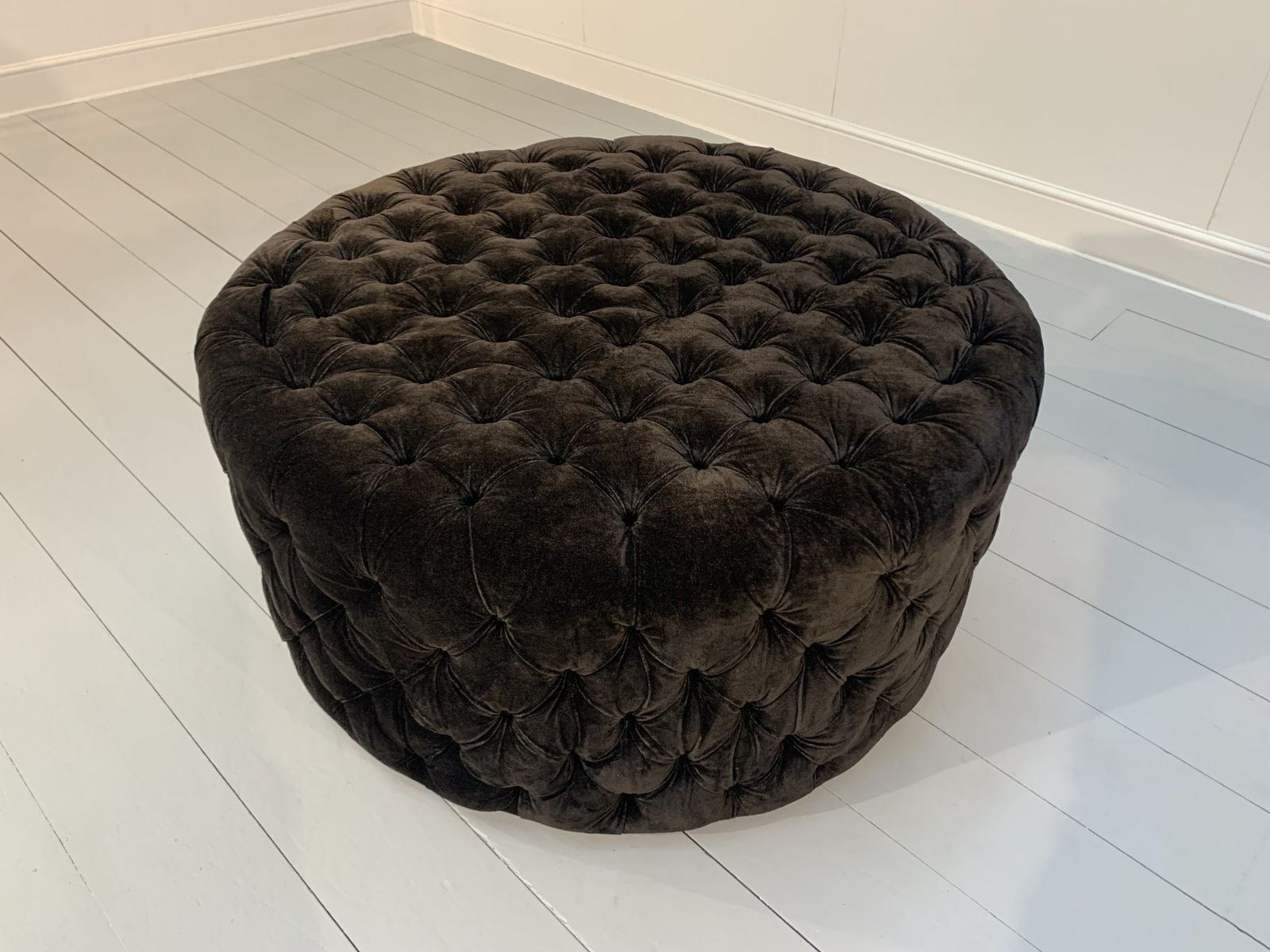 Huge “Soho Buttoned Drum” Ottoman Footstool – In Dark Grey Italian Velvet photo for sale