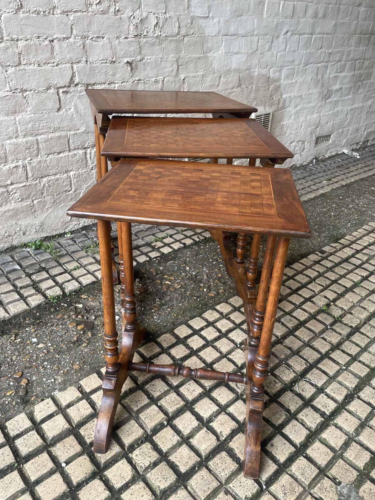 Antique Nest Of 3 Mahogany Tables With Chequered Parquetry Detailing photo furniture
