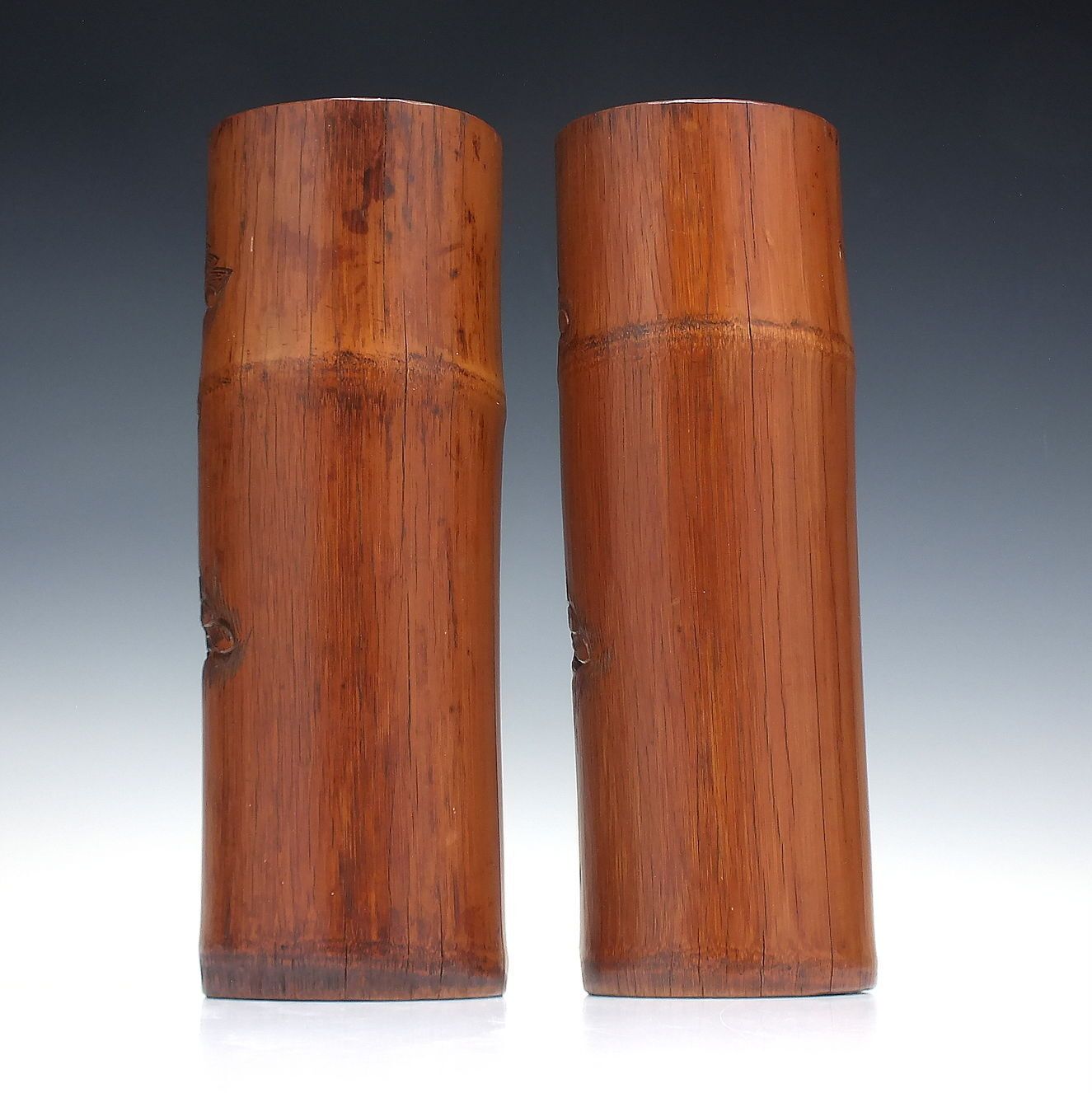 Pair Of Antique Chinese Hand Carved Bamboo Brush Pots Or Vases C1900 photo for sale