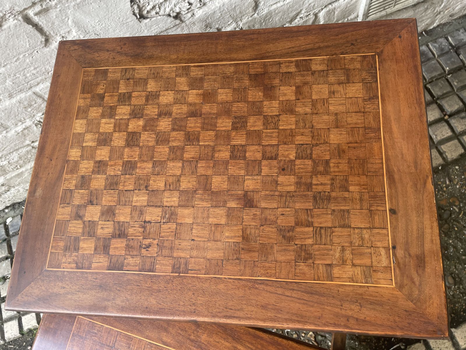 Antique Nest Of 3 Mahogany Tables With Chequered Parquetry Detailing photo buy