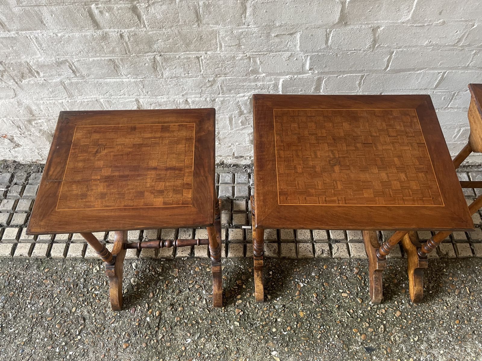 photo for sale Antique Nest Of 3 Mahogany Tables With Chequered Parquetry Detailing