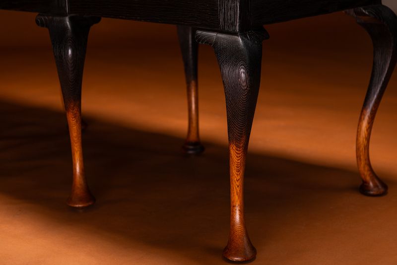 Pinscher Bench – Handcrafted From Queen Anne Chairs With Shou Sugi Ban Finish And Velvet Upholstery. photo furniture