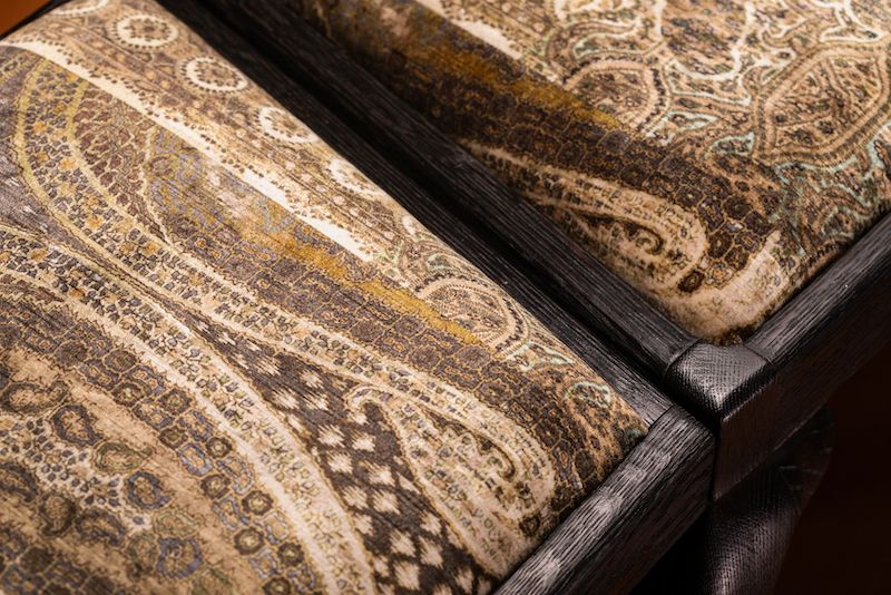 Pinscher Bench – Handcrafted From Queen Anne Chairs With Shou Sugi Ban Finish And Velvet Upholstery. photo vinterior