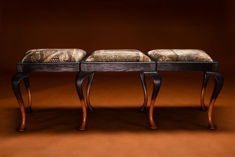 photo vintage Pinscher Bench – Handcrafted From Queen Anne Chairs With Shou Sugi Ban Finish And Velvet Upholstery.