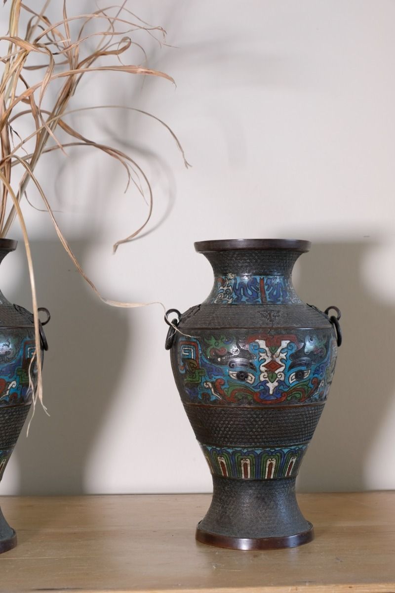 Pair Of Chinese Enamel Bronze Vases With Dragons And Ring Handles photo furniture