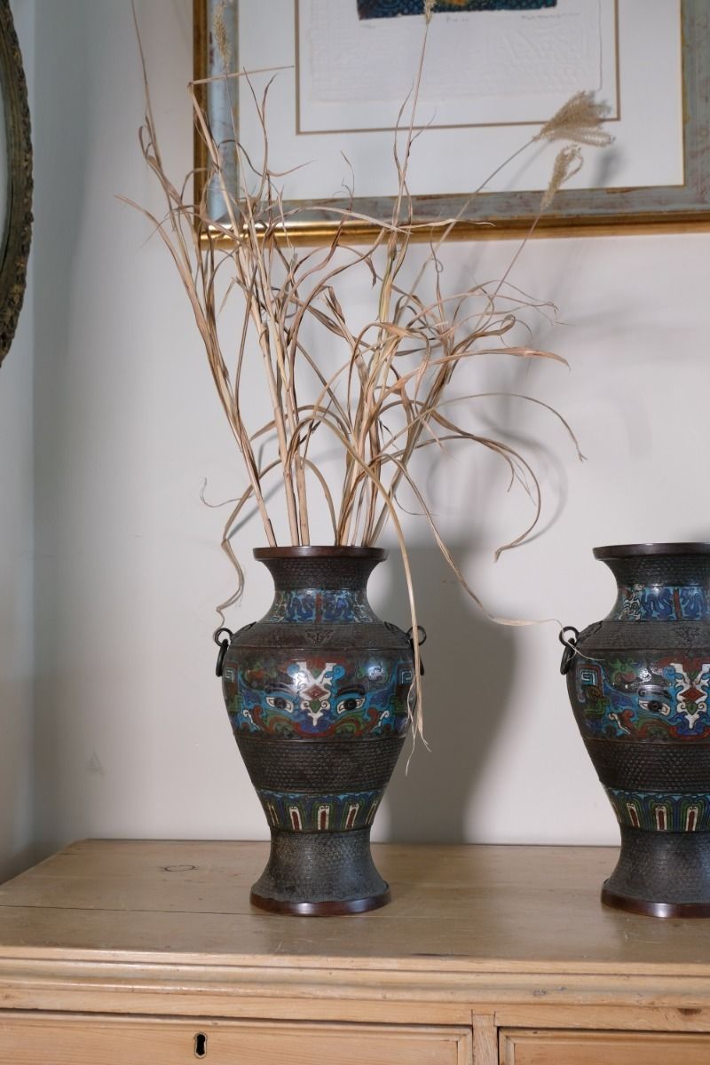 520.0 Pair Of Chinese Enamel Bronze Vases With Dragons And Ring Handles photo