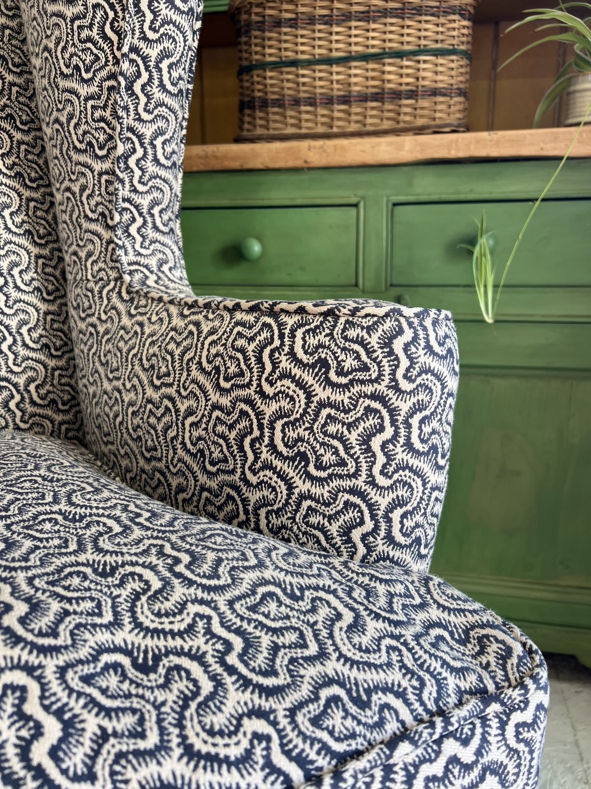Large Georgian Wingback Armchair, Traditionally Reupholstered In Squiggle/Seaweed Dark Blue & Natural Linwood Fabric. photo Furniture