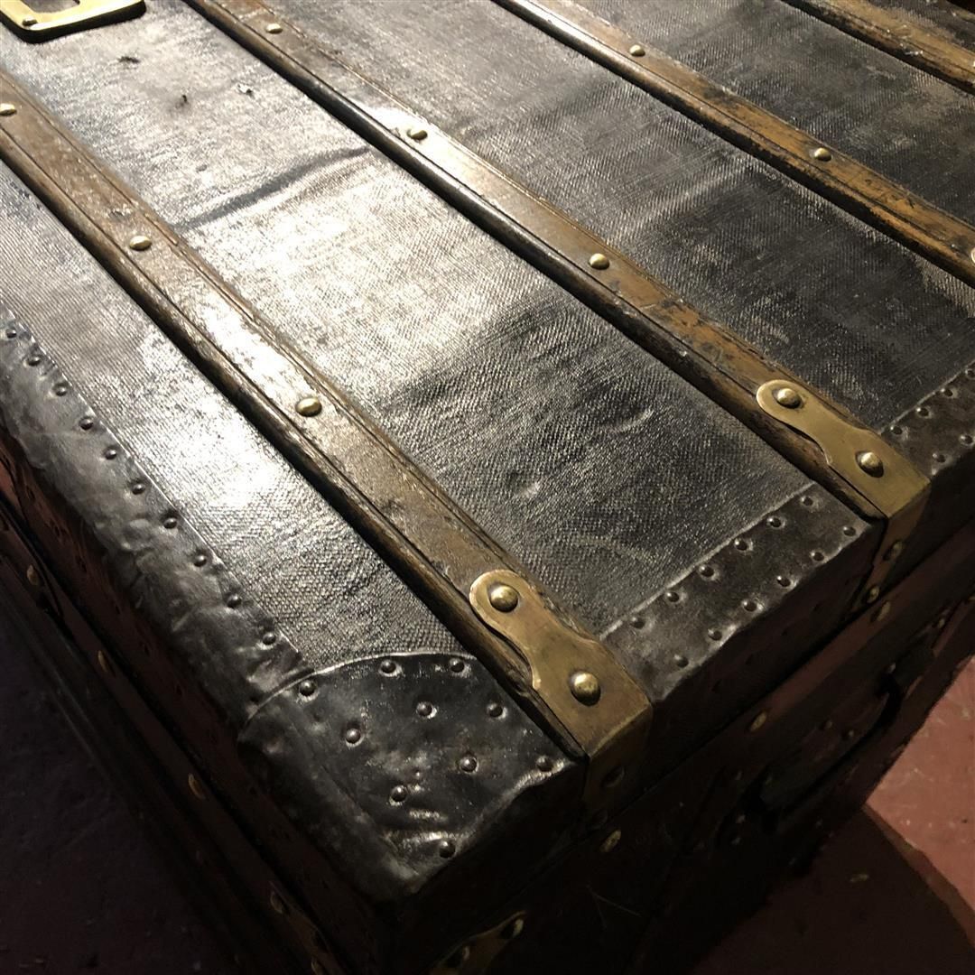 Large Antique French Steamer Trunk Black Canvas And Wood 1910s photo furniture