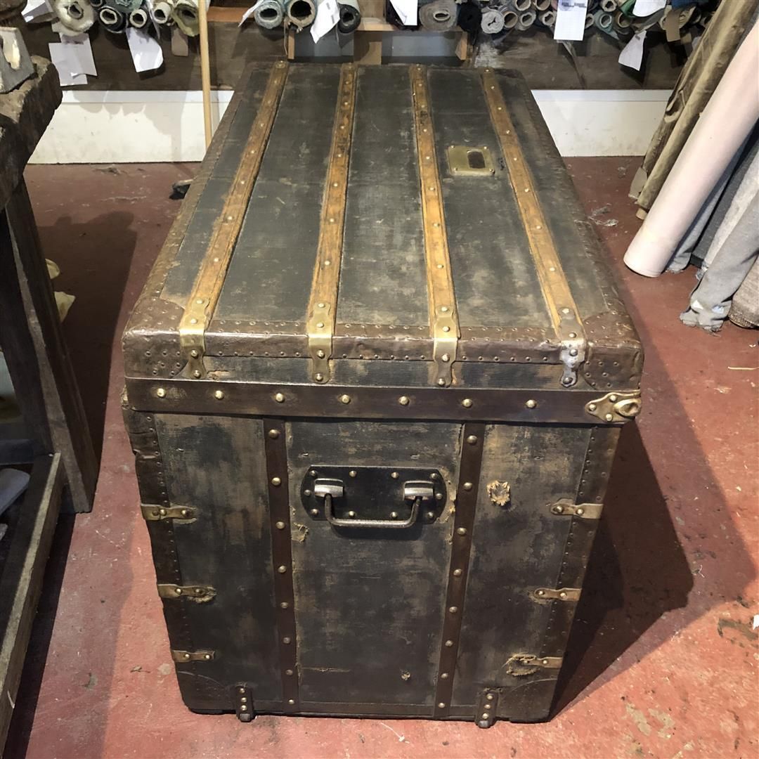 Large Antique French Steamer Trunk Black Canvas And Wood 1910s photo for sale