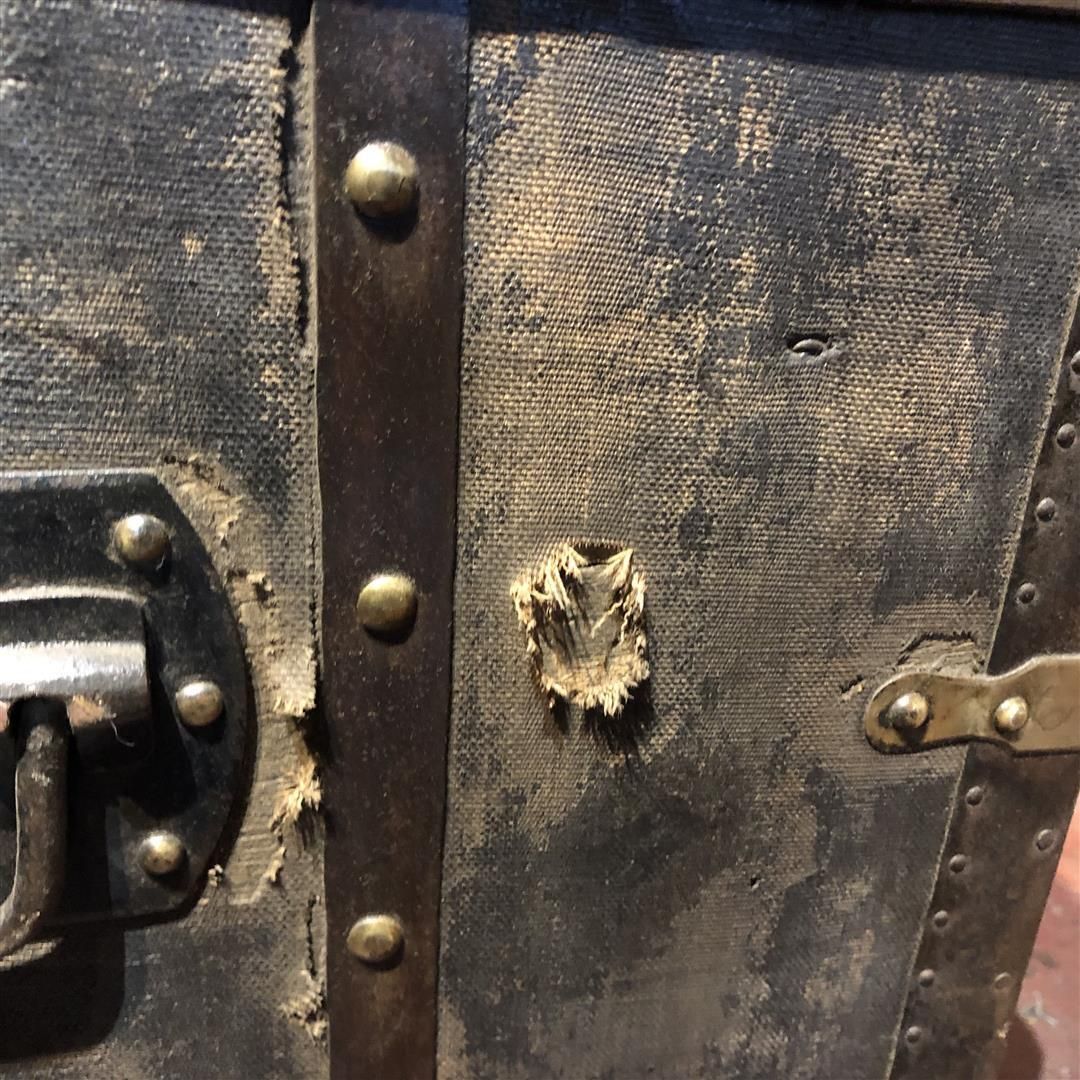 Large Antique French Steamer Trunk Black Canvas And Wood 1910s photo buy