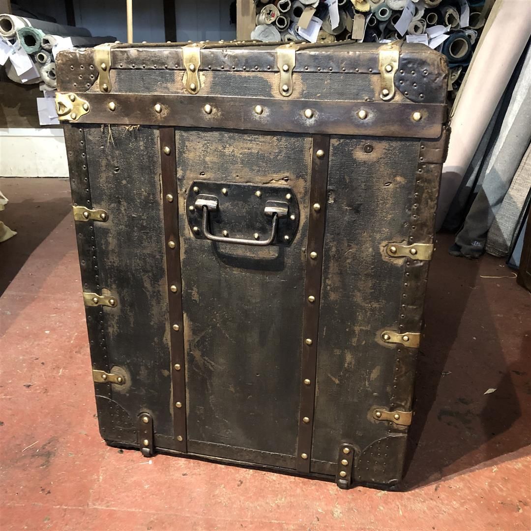 295.0 Large Antique French Steamer Trunk Black Canvas And Wood 1910s photo