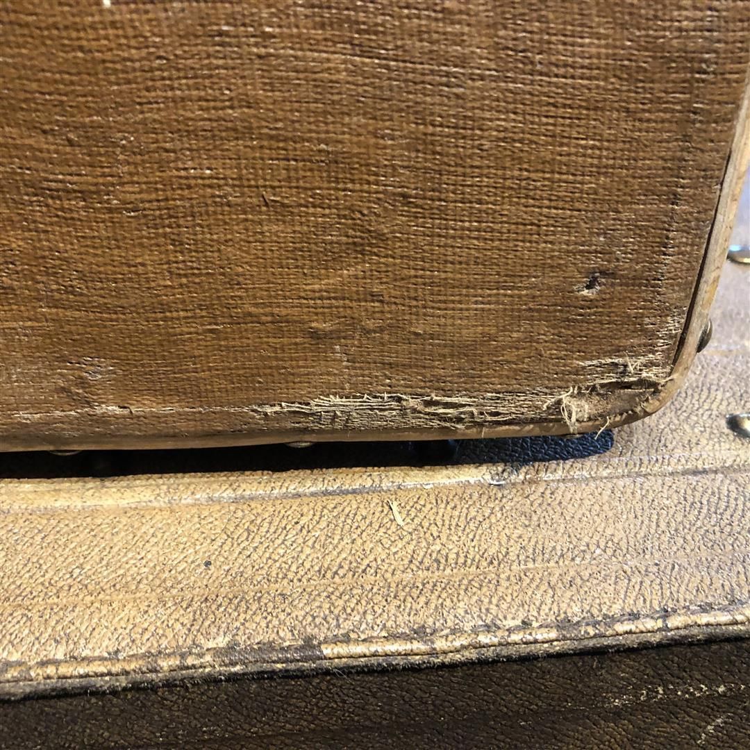 photo furniture Small Vintage Wooden Travel Trunk Bound In Canvas And Bamboo 1920s