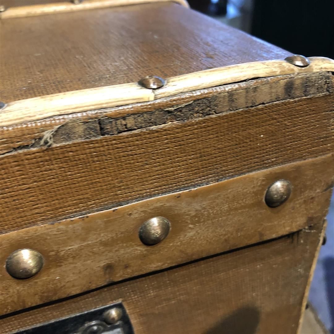 75.0 Small Vintage Wooden Travel Trunk Bound In Canvas And Bamboo 1920s photo