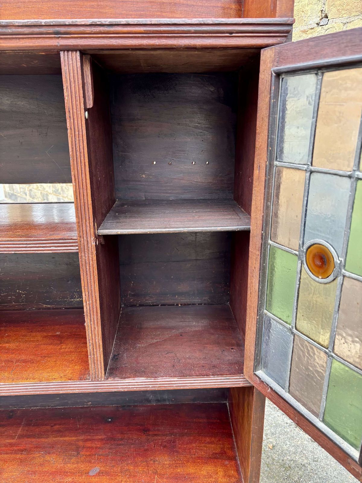Arts & Crafts Oak Bookcase With Leaded Glass Doors, C.1910 photo vintage