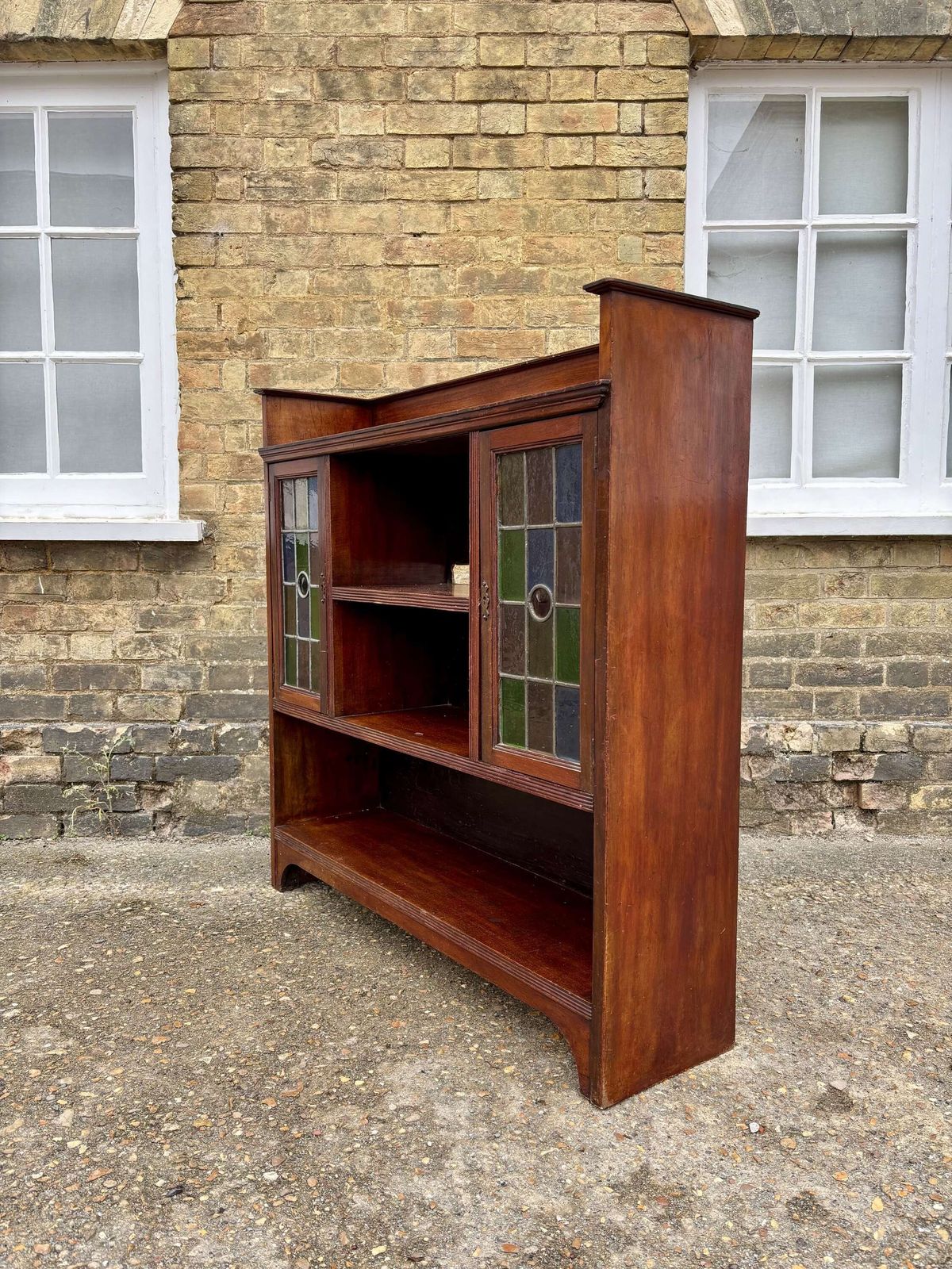 Furniture Arts & Crafts Oak Bookcase With Leaded Glass Doors, C.1910 photo