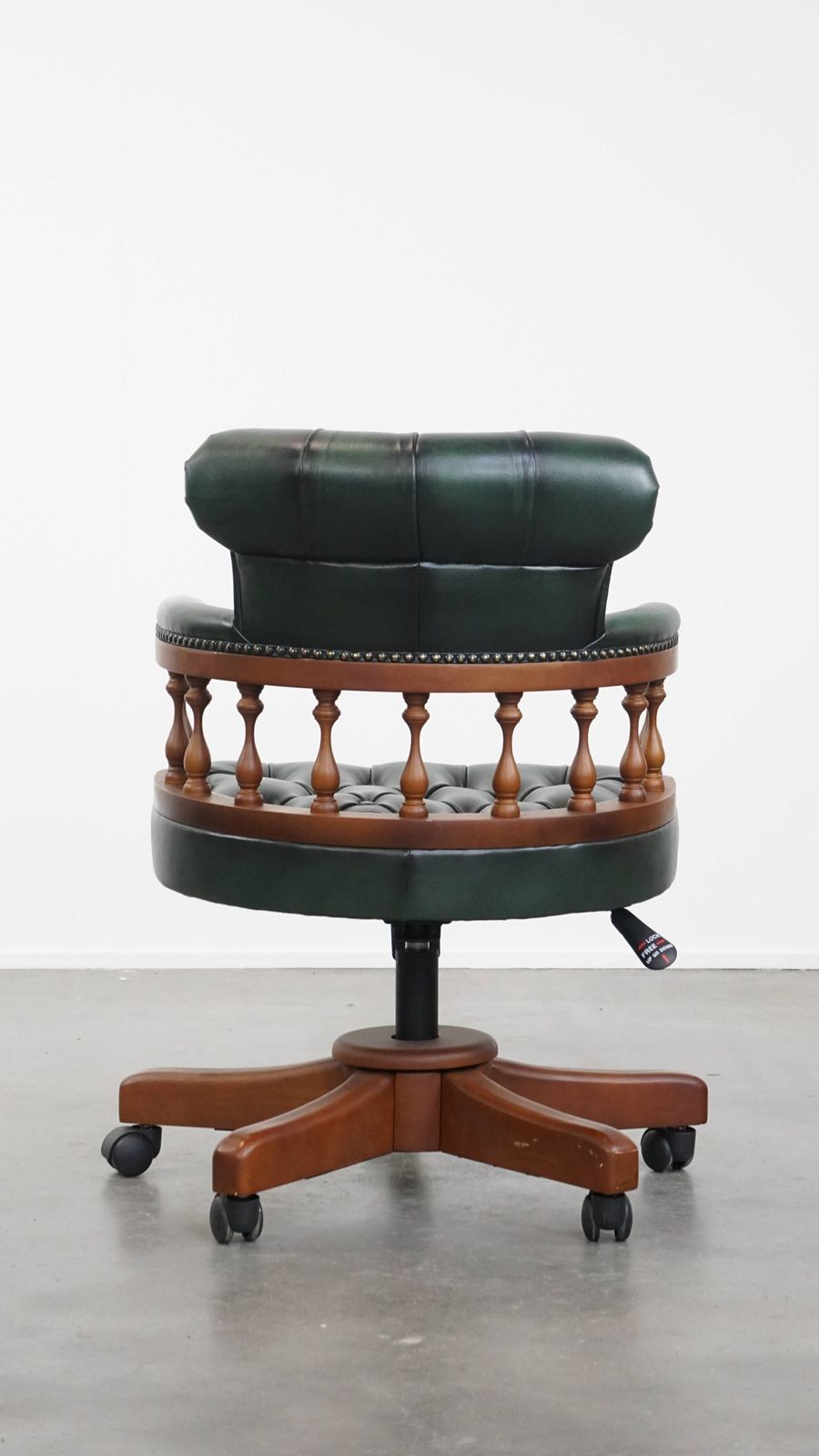 Stylish Functional Dark Green Chesterfield Office Chair In Cowhide Leather And Wood On Wheels photo Furniture