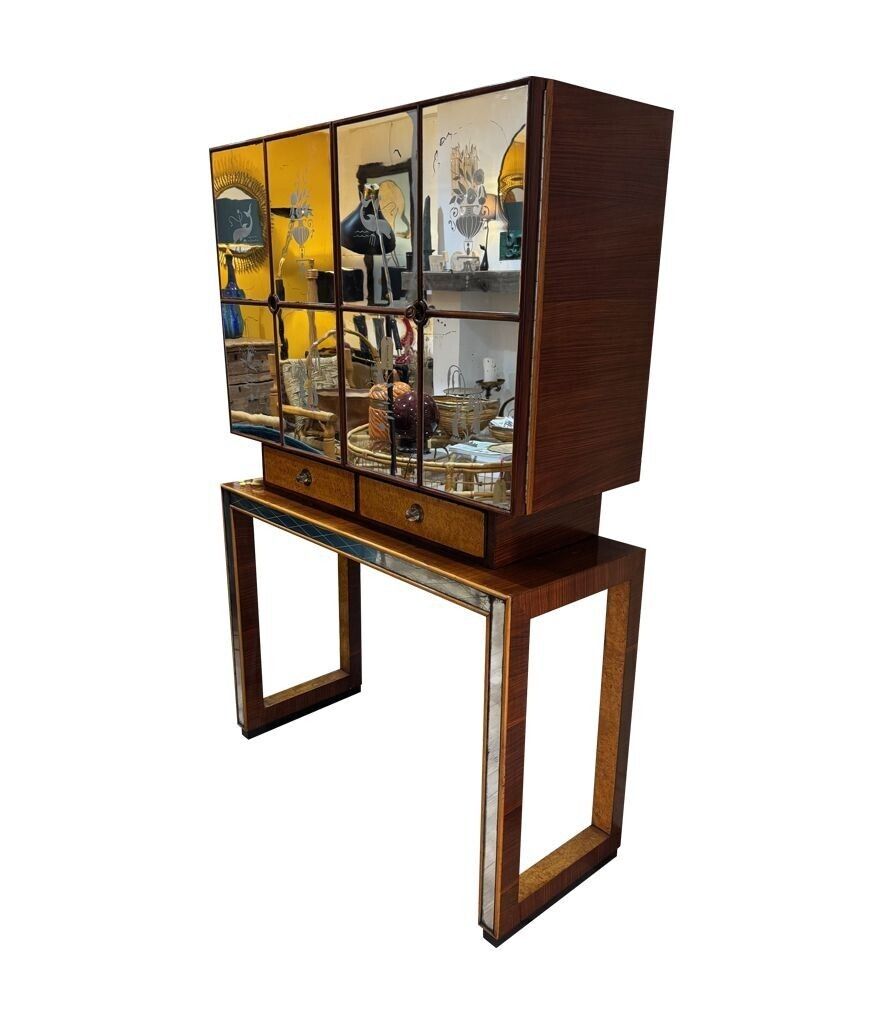 photo for sale An Italian 1940s Mirrored Maple Wood Bar Cabinet By Osvaldo Borsani
