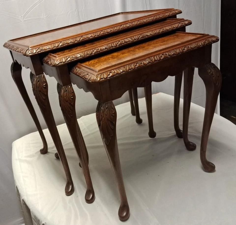 Antique Walnut Burr Nest Of Tables photo vintage