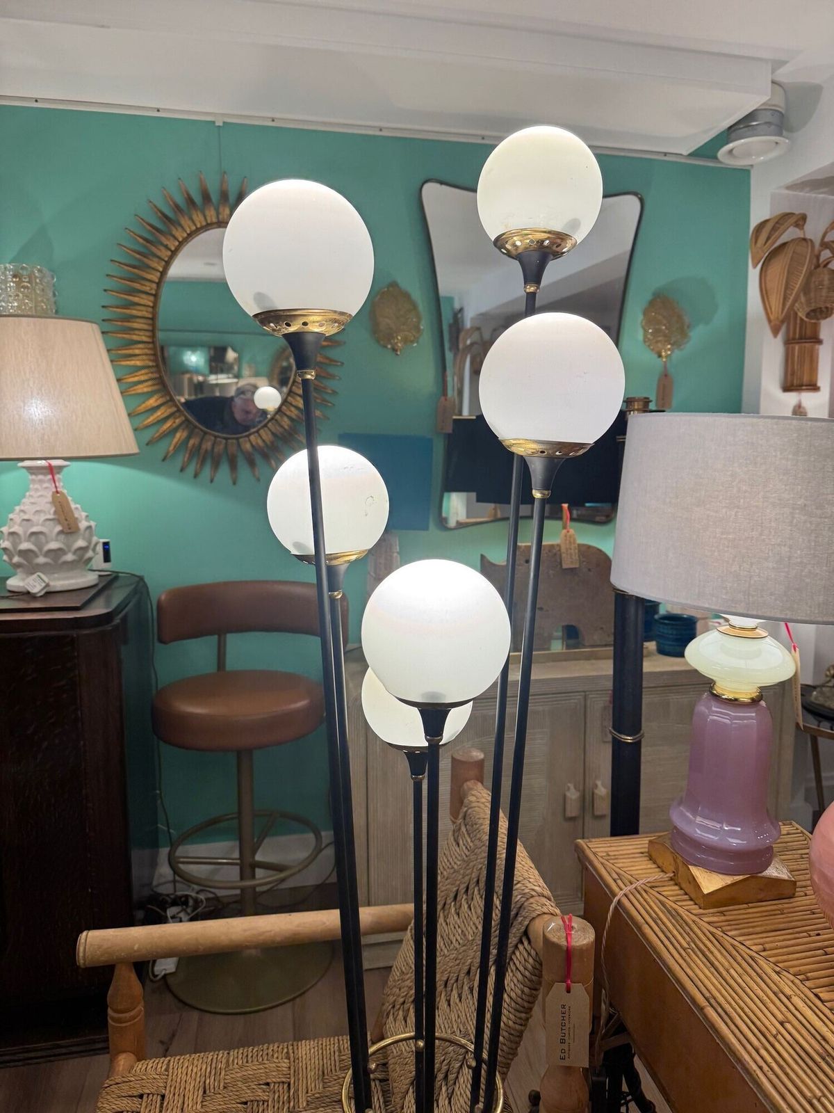Lighting An Orignal 1950s Stilnovo Black Lacquer And Brass Six Light Floor Lamp photo